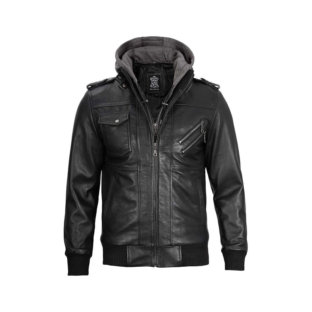 Black Bomber Men's Leather Jacket with Removable Hood