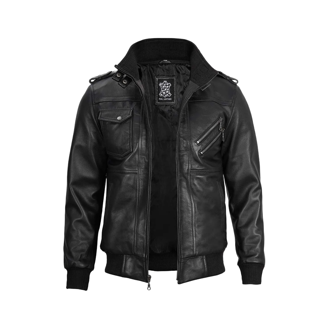 Black Bomber Men's Leather Jacket with Removable Hood