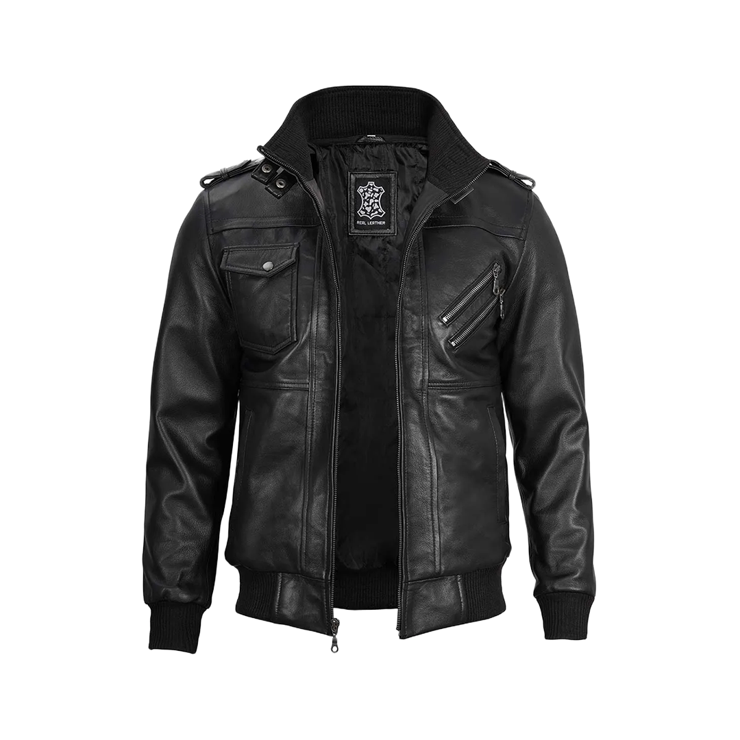 Black Bomber Men's Leather Jacket with Removable Hood