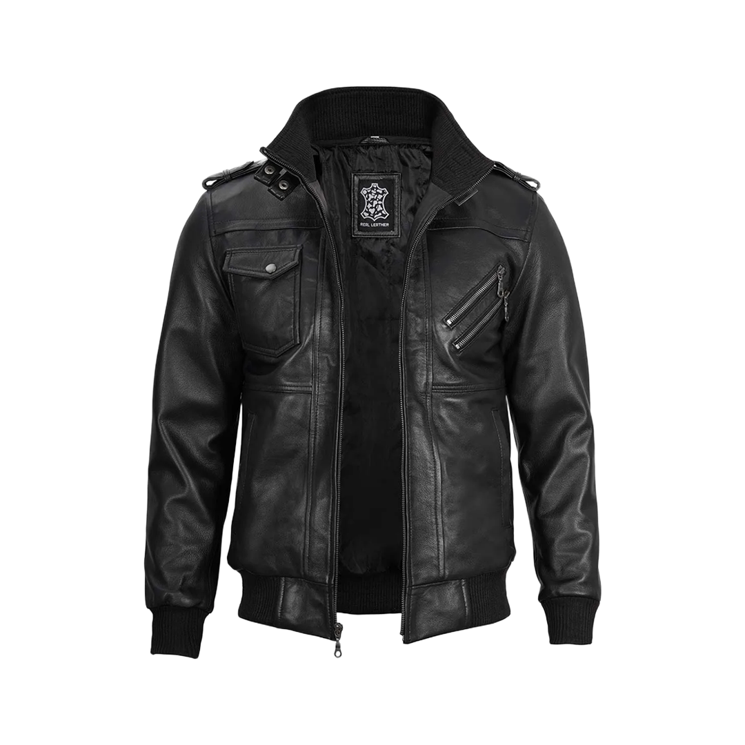 Black Bomber Men's Leather Jacket with Removable Hood