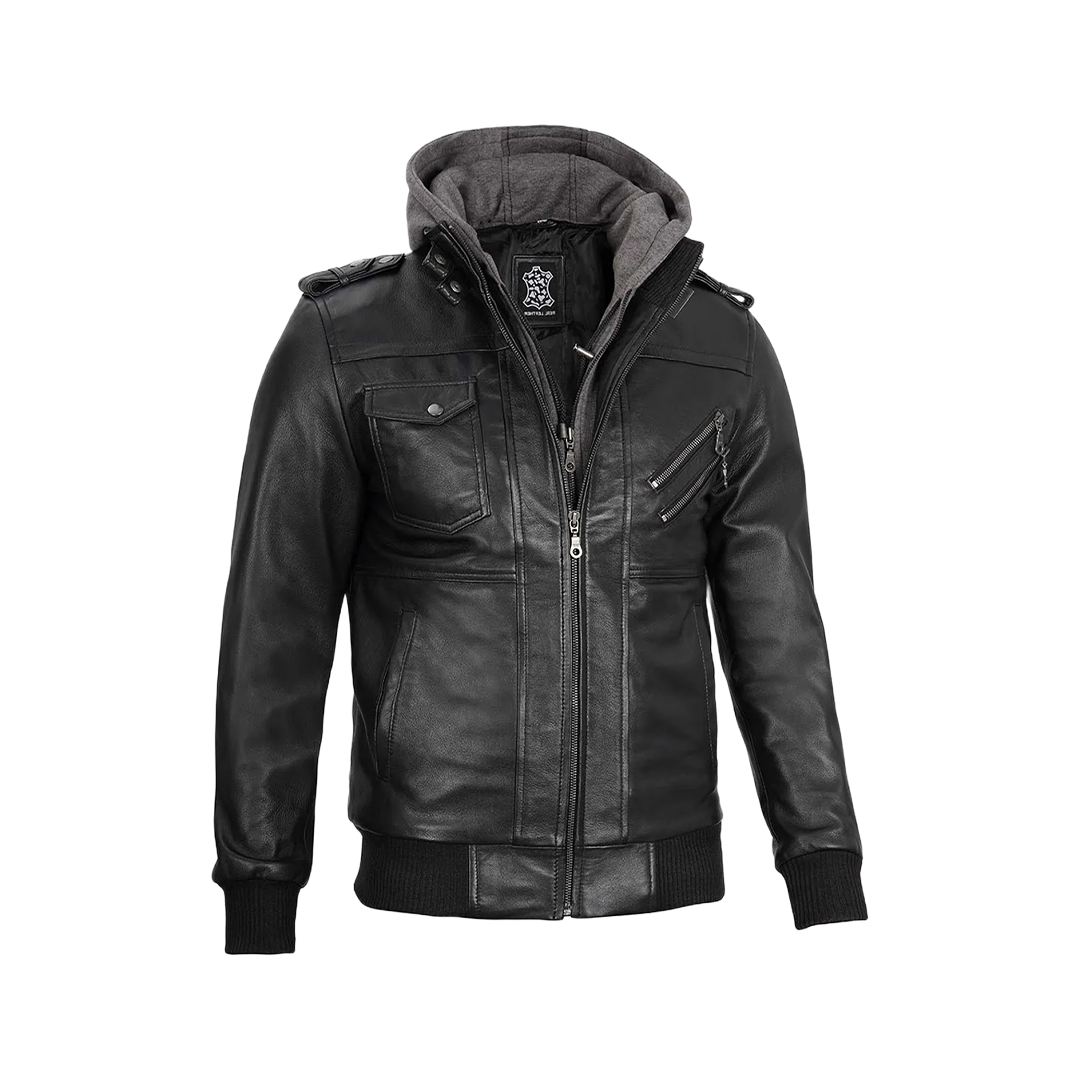Black Bomber Men's Leather Jacket with Removable Hood