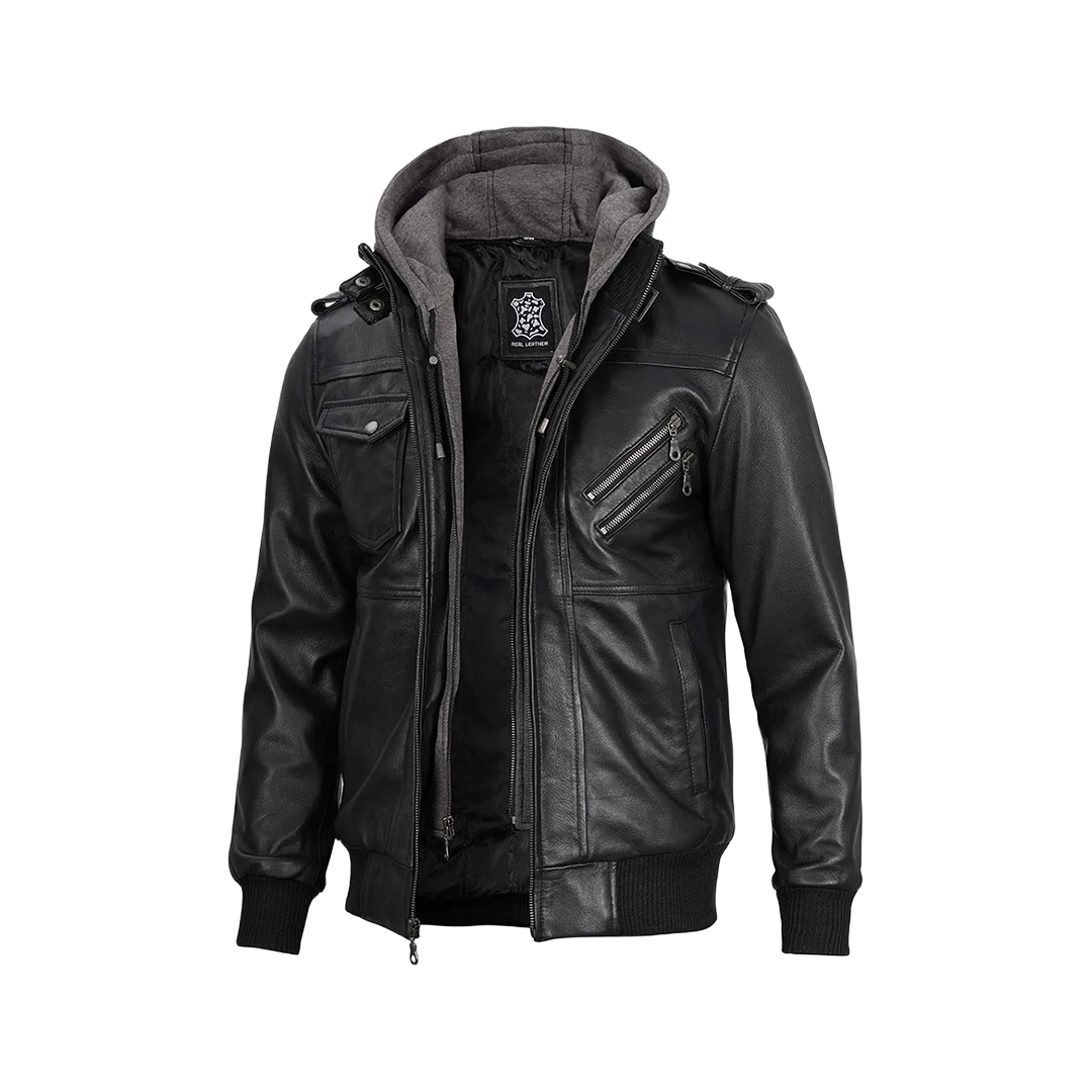 Black Bomber Men's Leather Jacket with Removable Hood