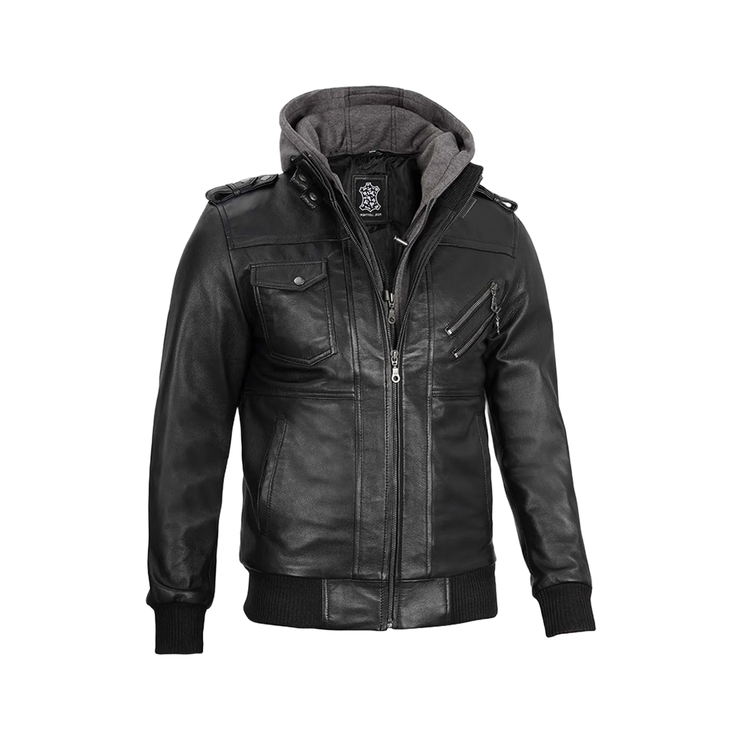 Black Bomber Men's Leather Jacket with Removable Hood