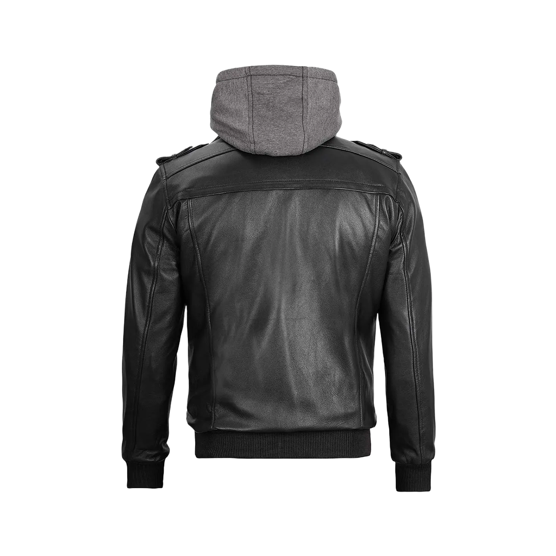 Black Bomber Men's Leather Jacket with Removable Hood