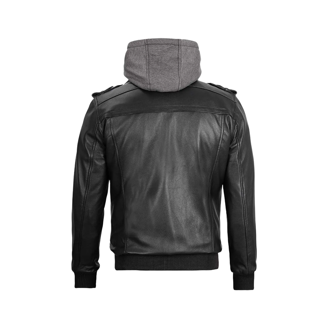 Black Bomber Men's Leather Jacket with Removable Hood