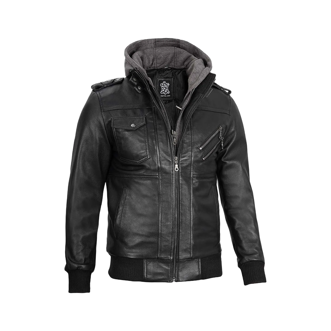 Black Bomber Men's Leather Jacket with Removable Hood