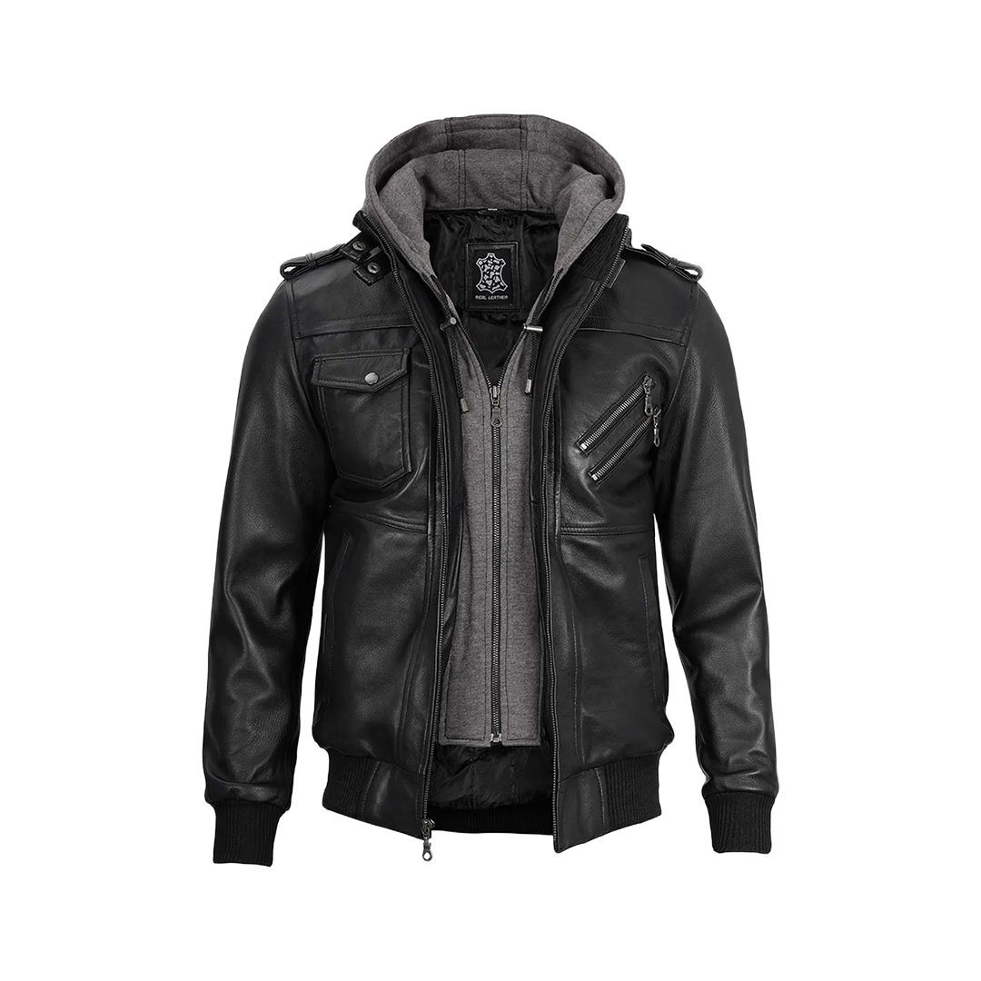 Black Bomber Men's Leather Jacket with Removable Hood