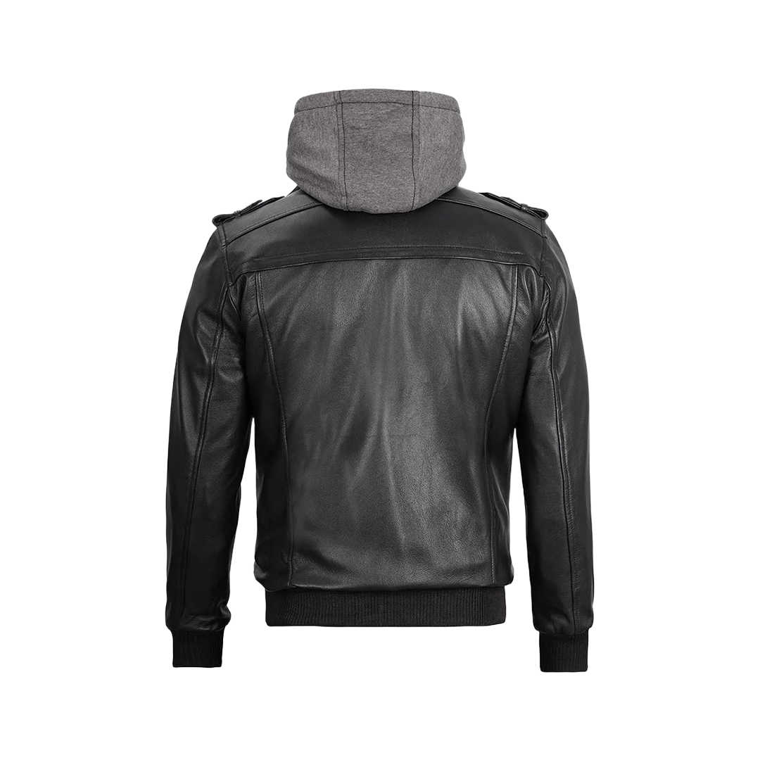 Black Bomber Men's Leather Jacket with Removable Hood