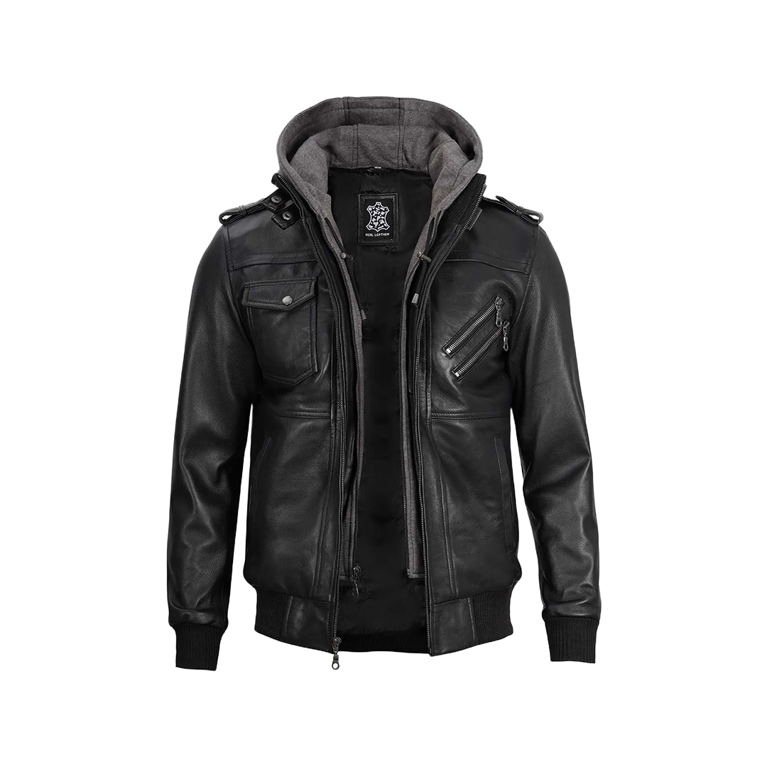 Black Bomber Men's Leather Jacket with Removable Hood