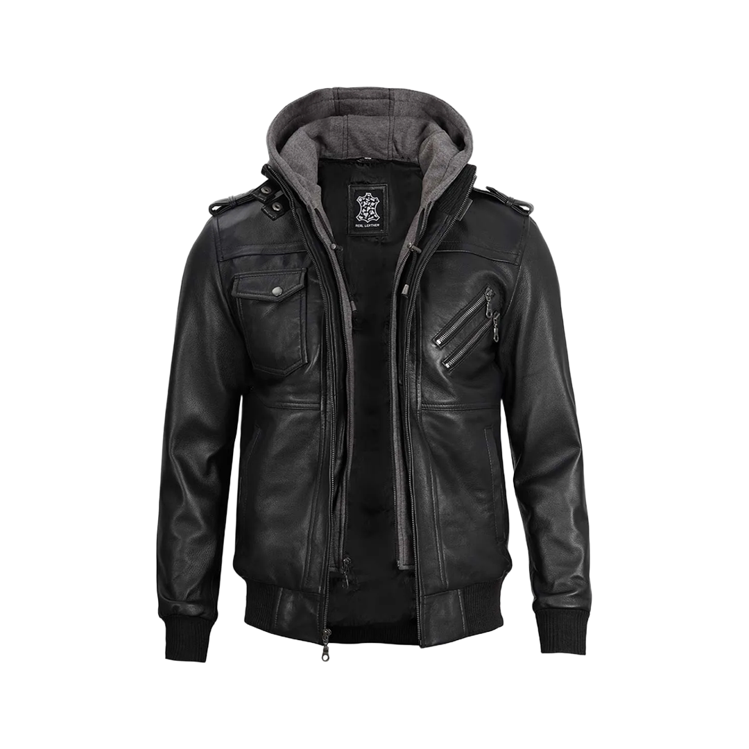 Black Bomber Men's Leather Jacket with Removable Hood