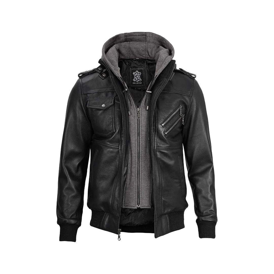 Black Bomber Men's Leather Jacket with Removable Hood