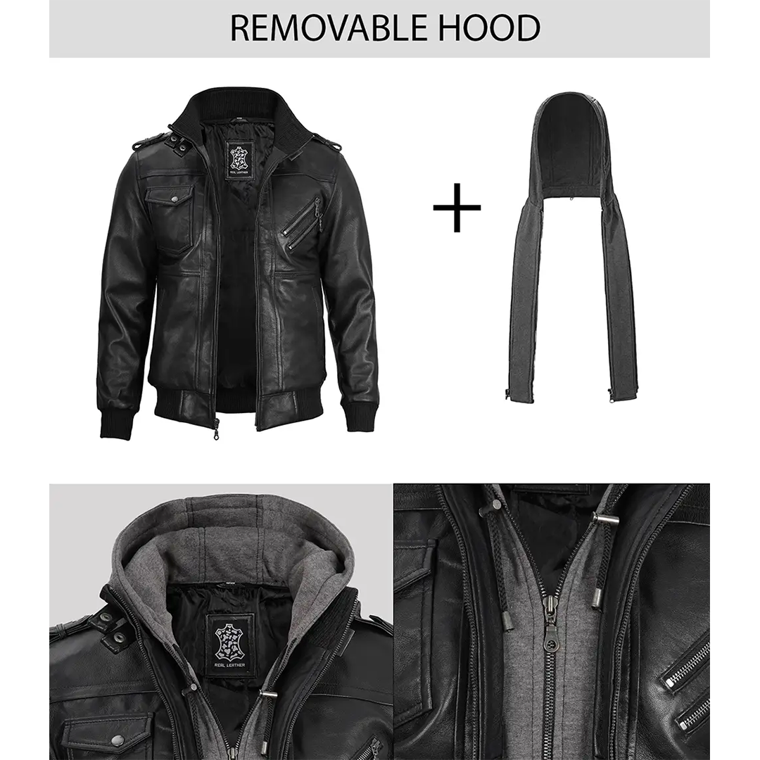 Black Bomber Men's Leather Jacket with Removable Hood
