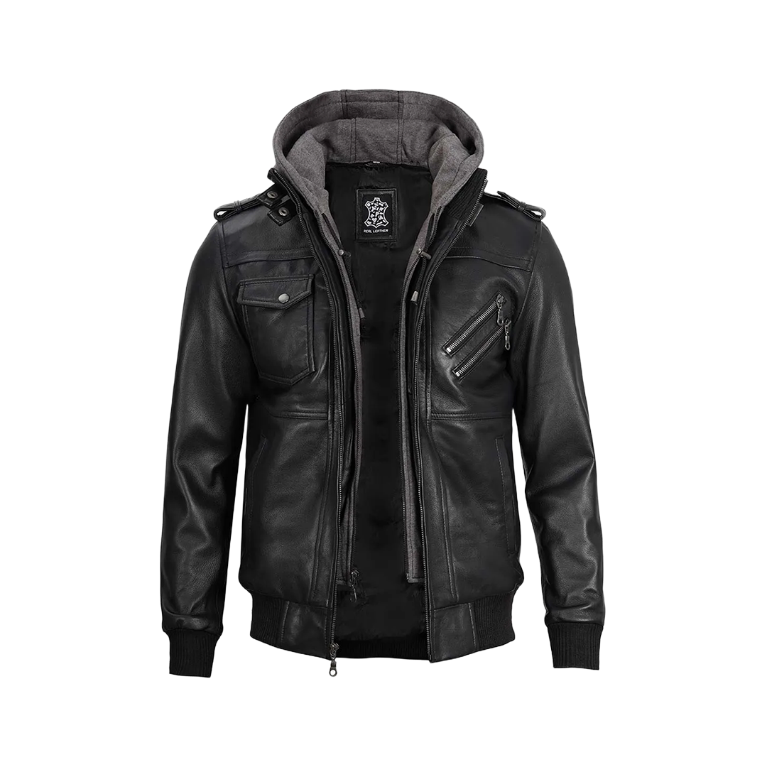 Black Bomber Men's Leather Jacket with Removable Hood
