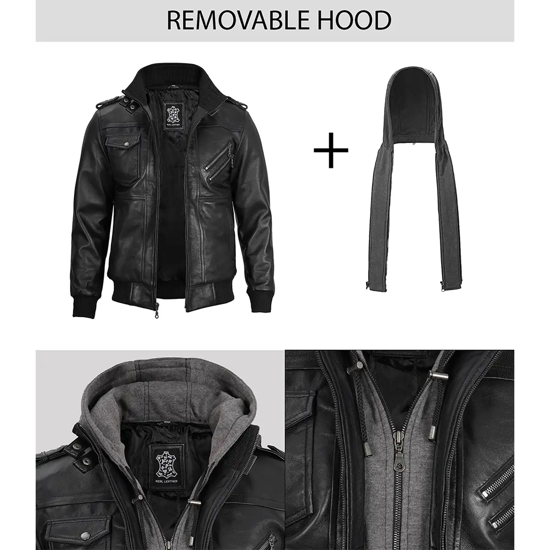 Black Bomber Men's Leather Jacket with Removable Hood