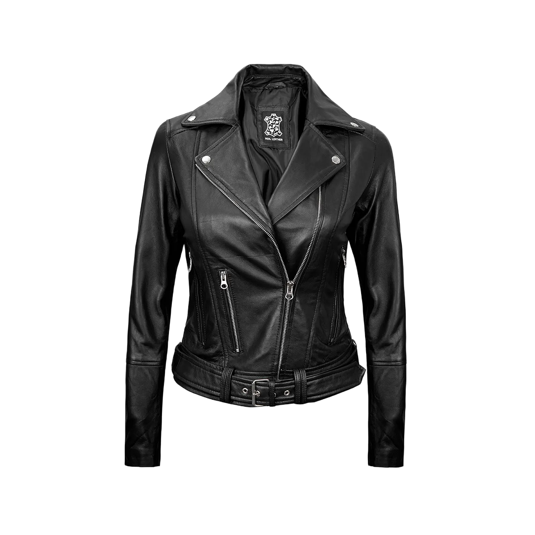 Black Leather Asymmetrical Biker Jacket Women
