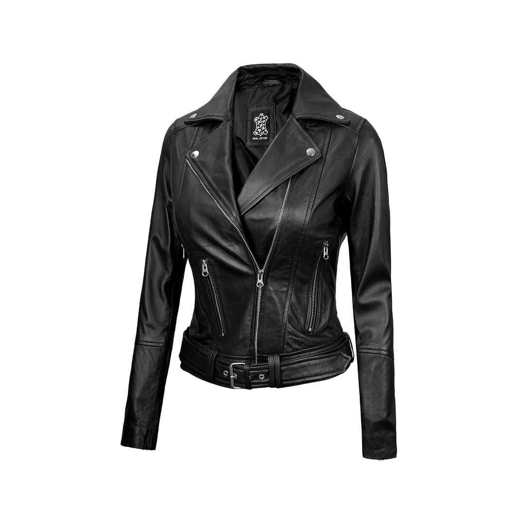 Black Leather Asymmetrical Biker Jacket Women