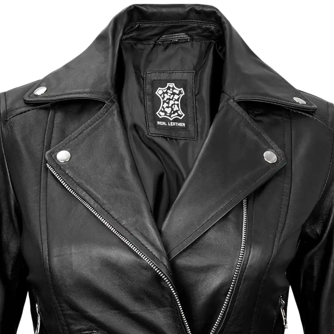 Black Leather Asymmetrical Biker Jacket Women