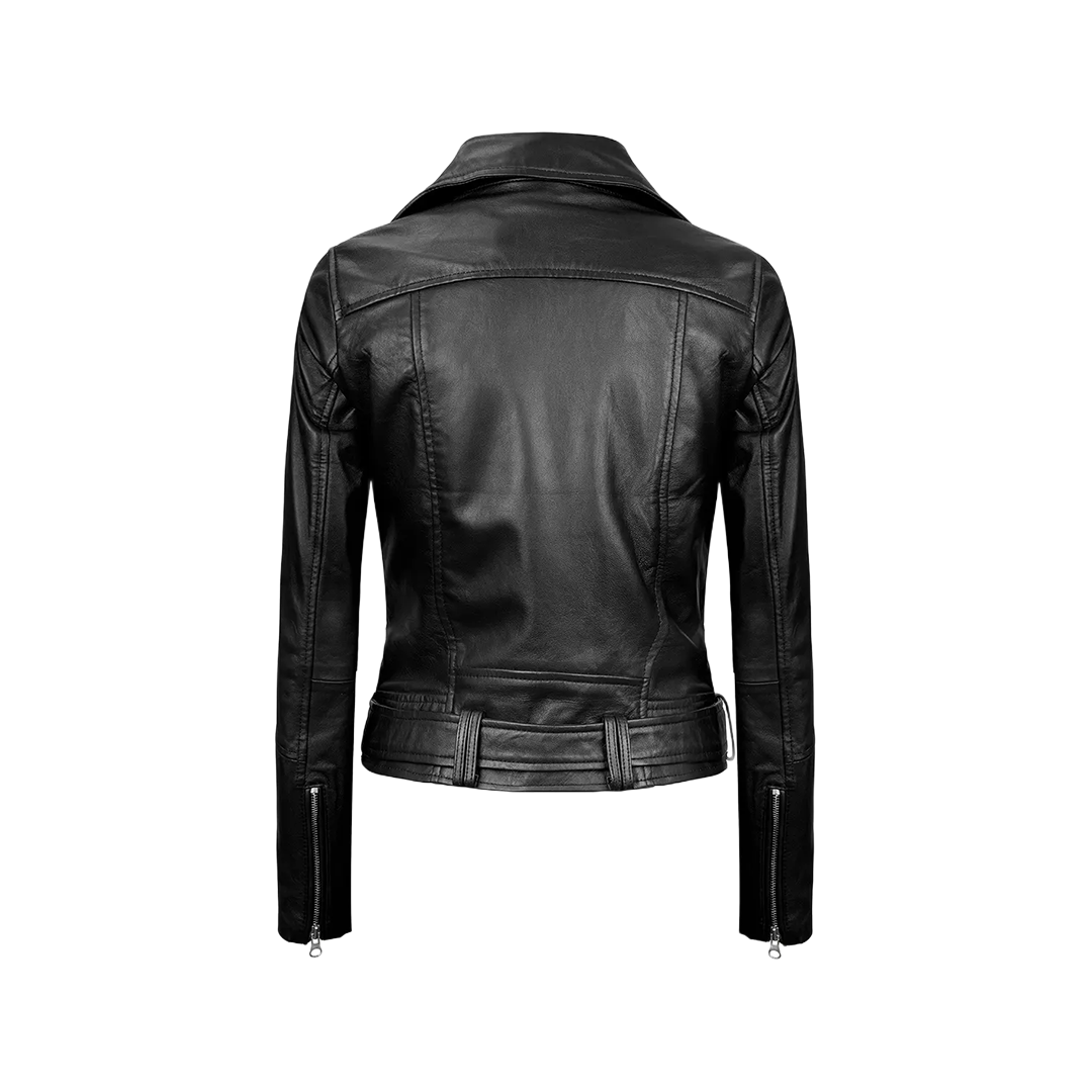 Black Leather Asymmetrical Biker Jacket Women