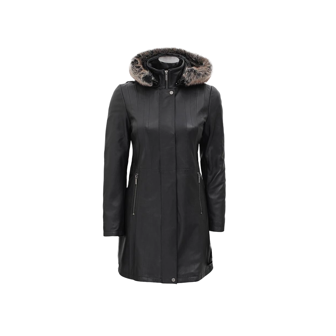 Black Leather Hooded Shearling Coat for Women