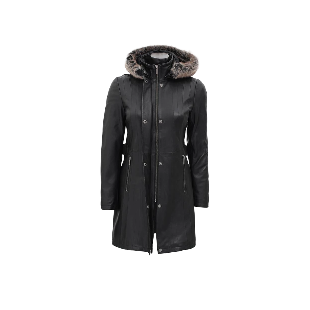 Black Leather Hooded Shearling Coat for Women