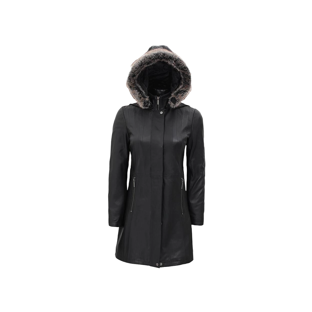 Black Leather Hooded Shearling Coat for Women