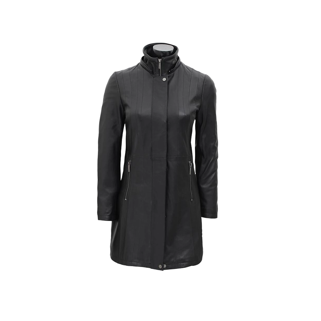 Black Leather Hooded Shearling Coat for Women