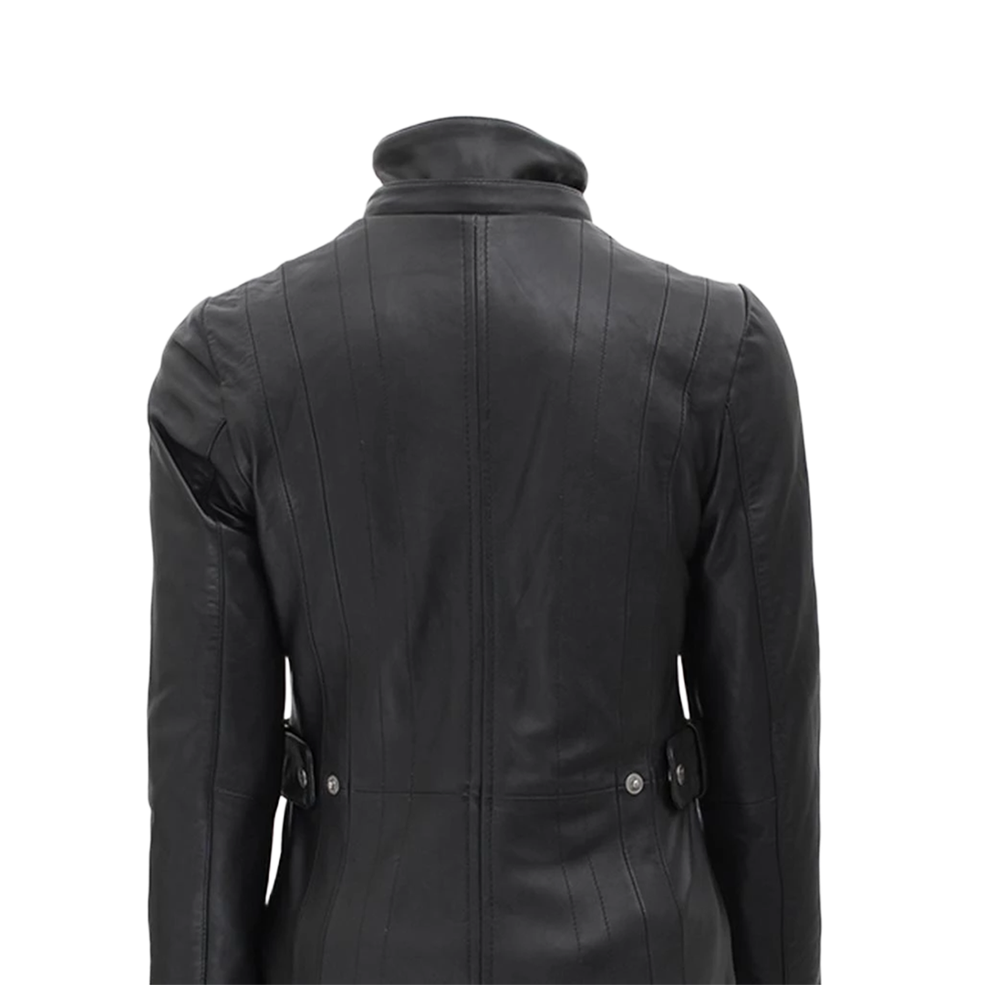 Black Leather Hooded Shearling Coat for Women