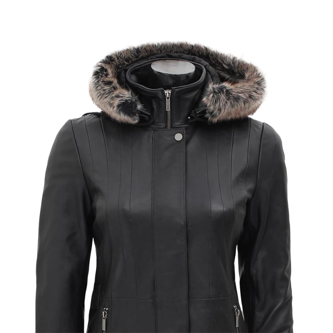 Black Leather Hooded Shearling Coat for Women