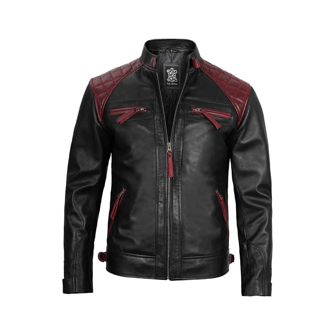 Men's Black and Burgundy Quilted Cafe Racer Leather Jacket