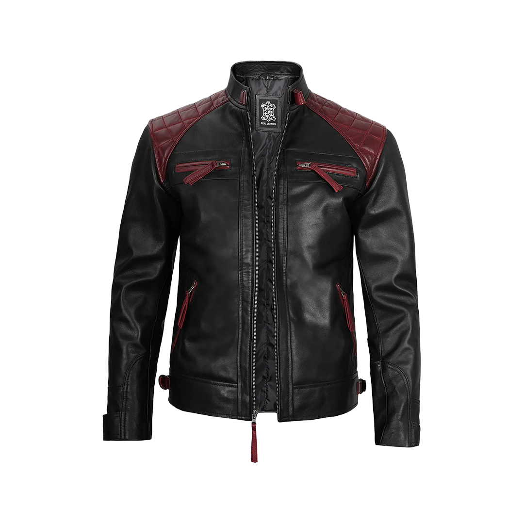 Men's Black and Burgundy Quilted Cafe Racer Leather Jacket