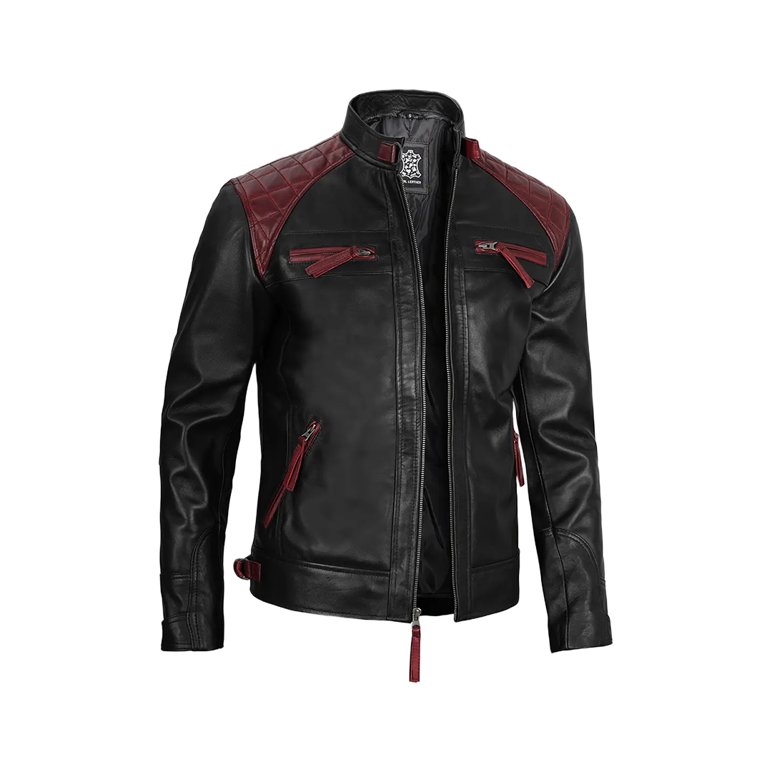 Men's Black and Burgundy Quilted Cafe Racer Leather Jacket