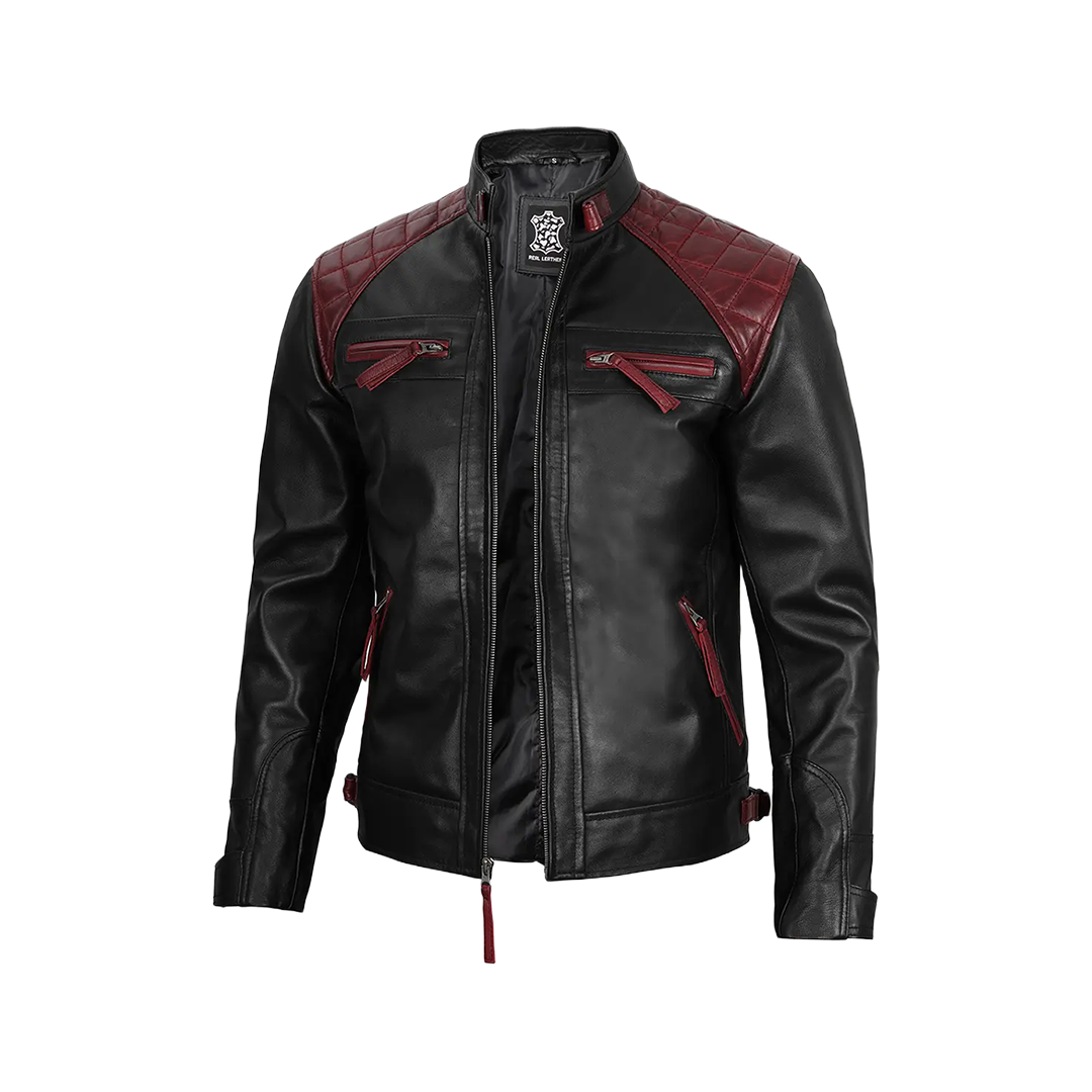 Men's Black and Burgundy Quilted Cafe Racer Leather Jacket