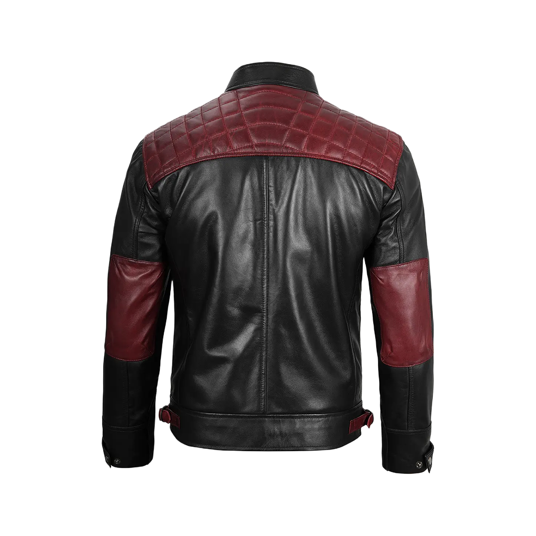 Men's Black and Burgundy Quilted Cafe Racer Leather Jacket
