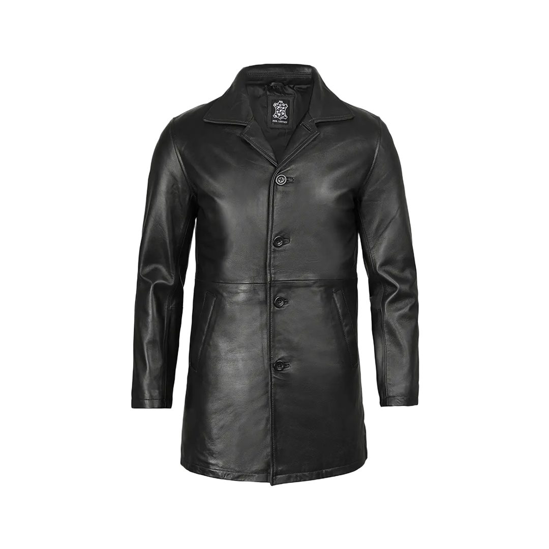 Black Mens 3 4 Length Leather Car Coat