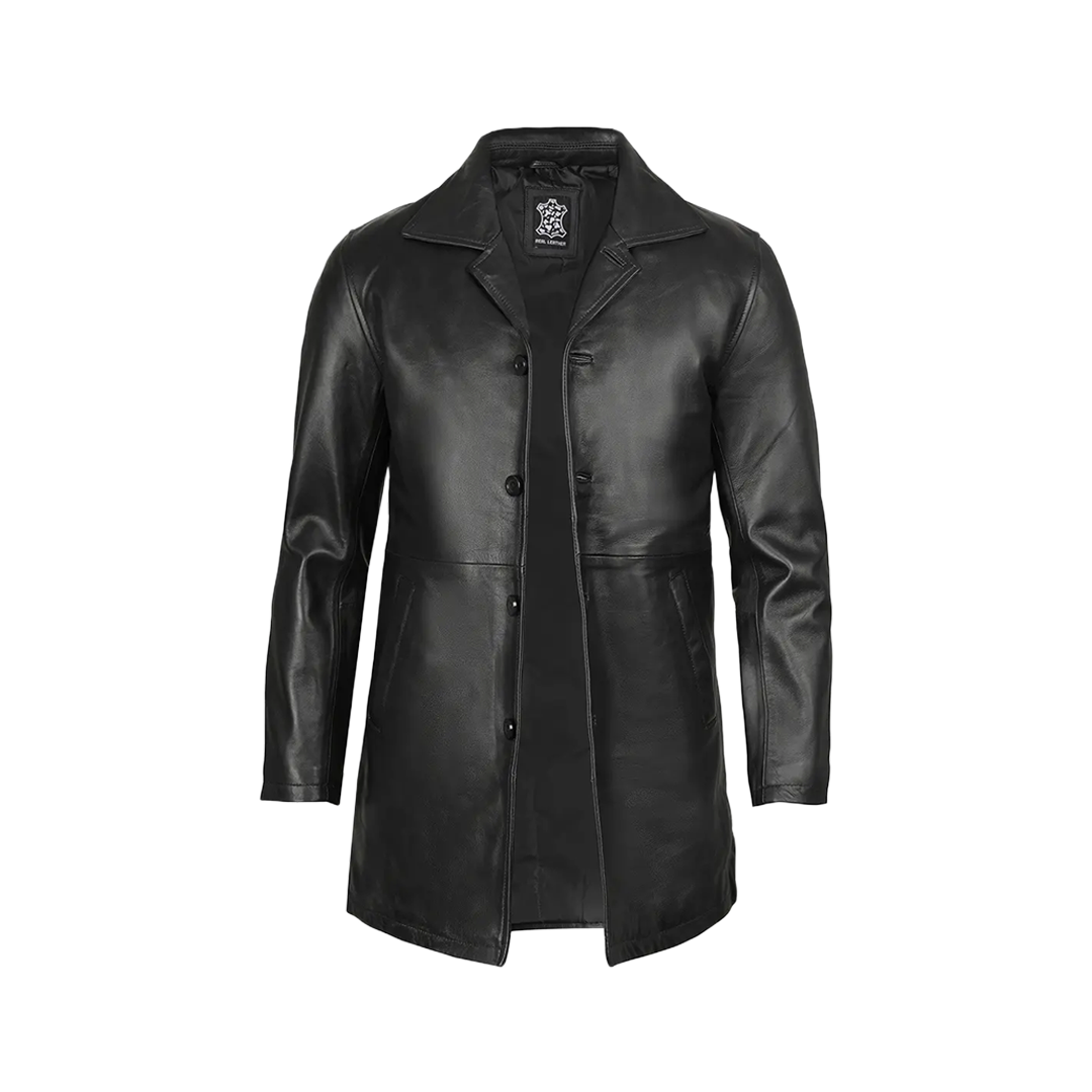 Black Mens 3 4 Length Leather Car Coat