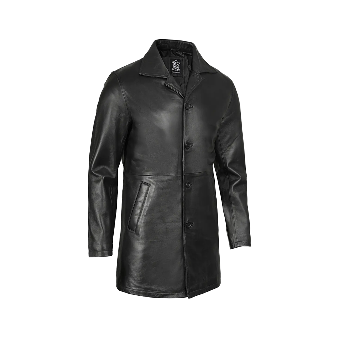 Black Mens 3 4 Length Leather Car Coat