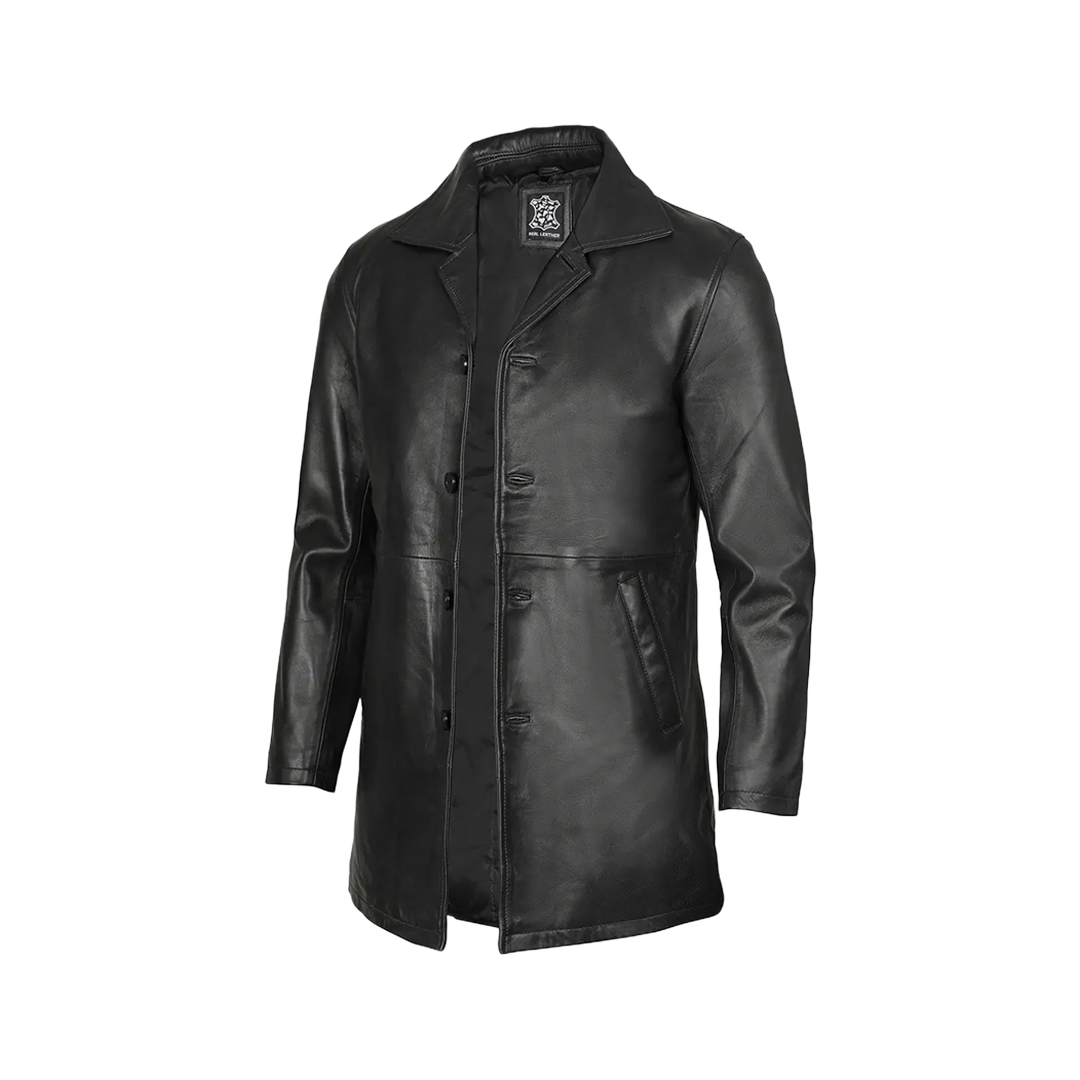 Black Mens 3 4 Length Leather Car Coat