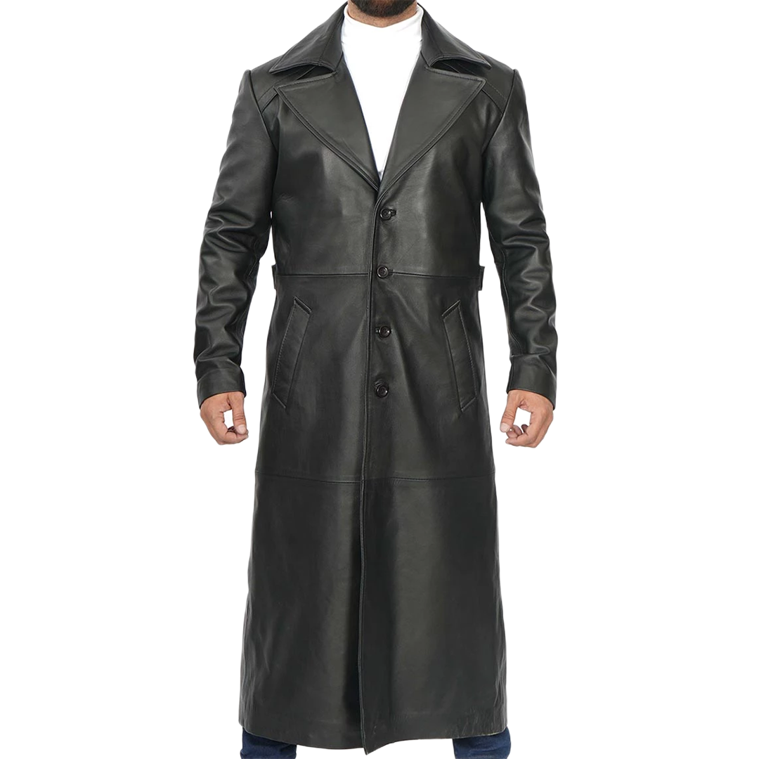 Black Men's Long Leather Duster Coat