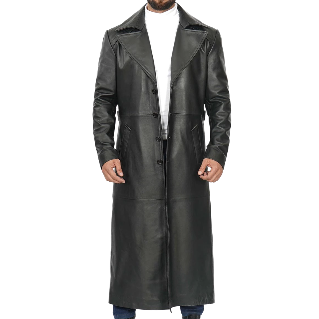 Black Men's Long Leather Duster Coat