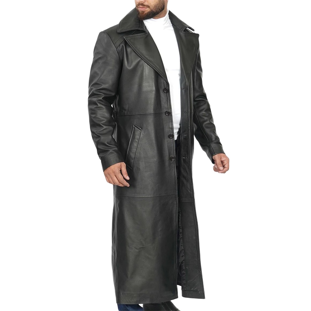 Black Men's Long Leather Duster Coat