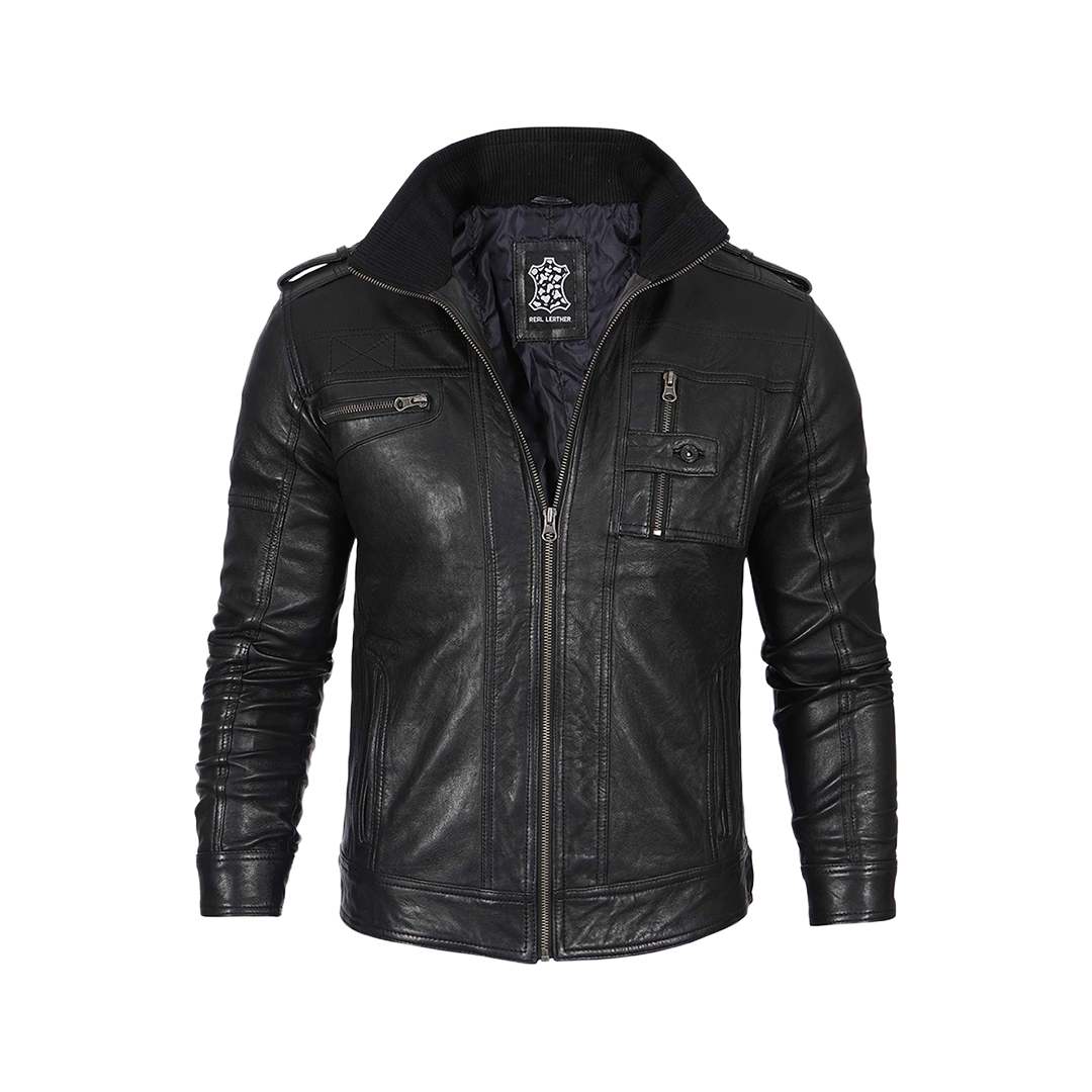 Men's Black Waxed Cafe Racer Leather Jacket