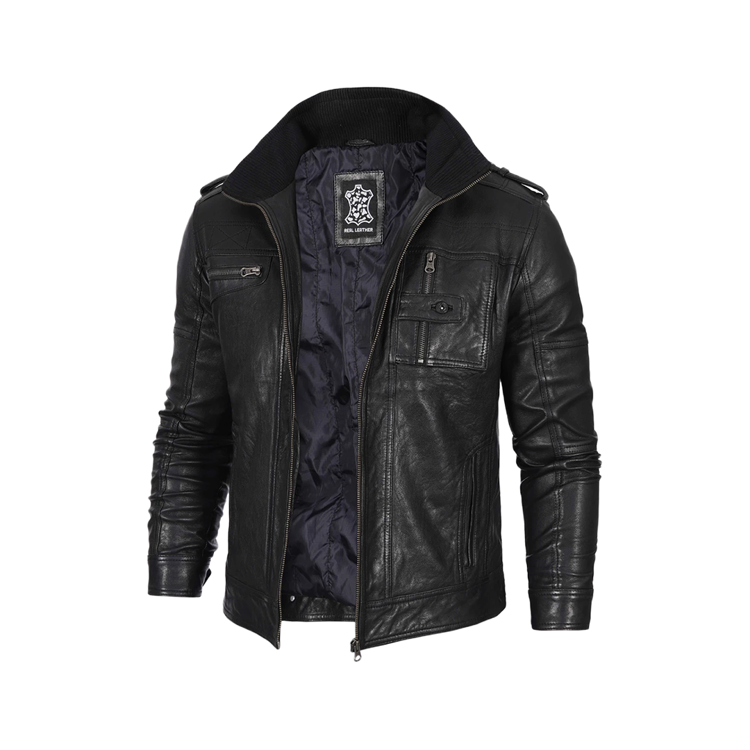 Men's Black Waxed Cafe Racer Leather Jacket