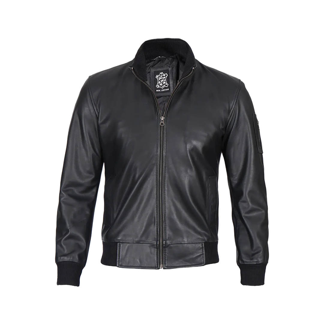 Men's Black Real Cowhide Leather Bomber Jacket