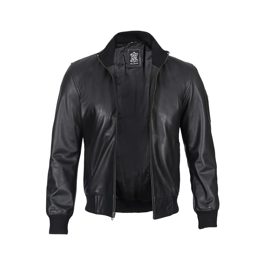 Men's Black Real Cowhide Leather Bomber Jacket