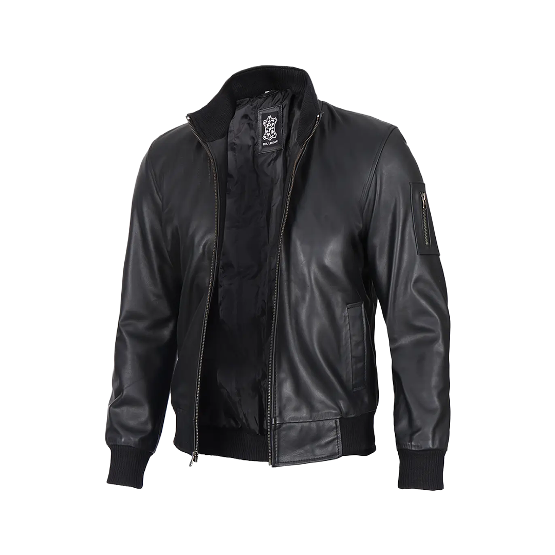 Men's Black Real Cowhide Leather Bomber Jacket