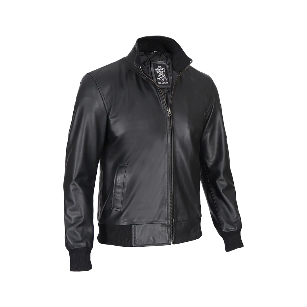 Men's Black Real Cowhide Leather Bomber Jacket