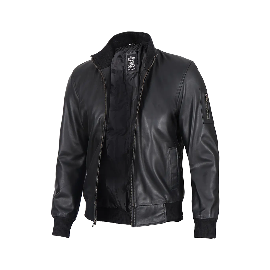 Men's Black Real Cowhide Leather Bomber Jacket