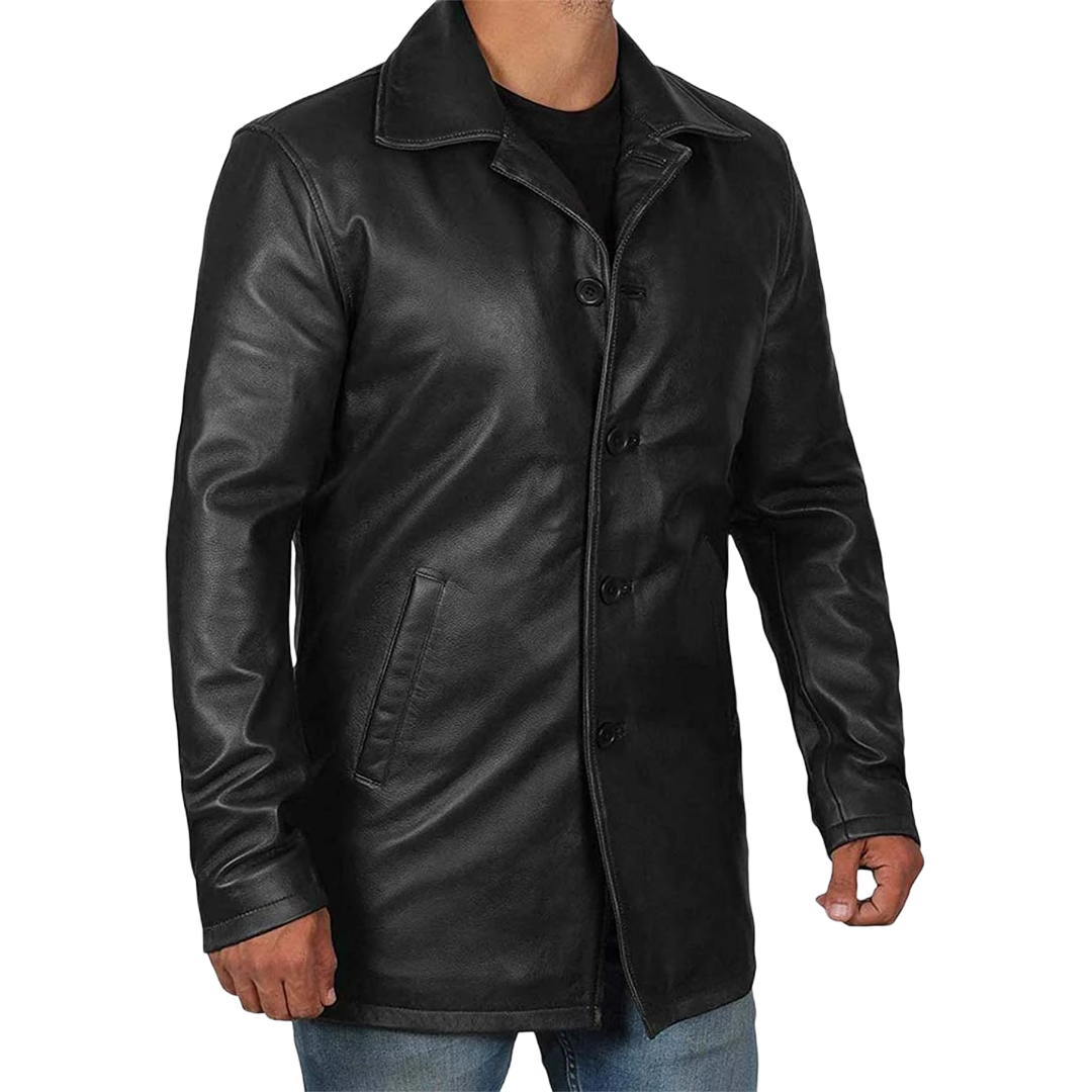 Black Tall Men's 3/4 Length Leather Car Coat