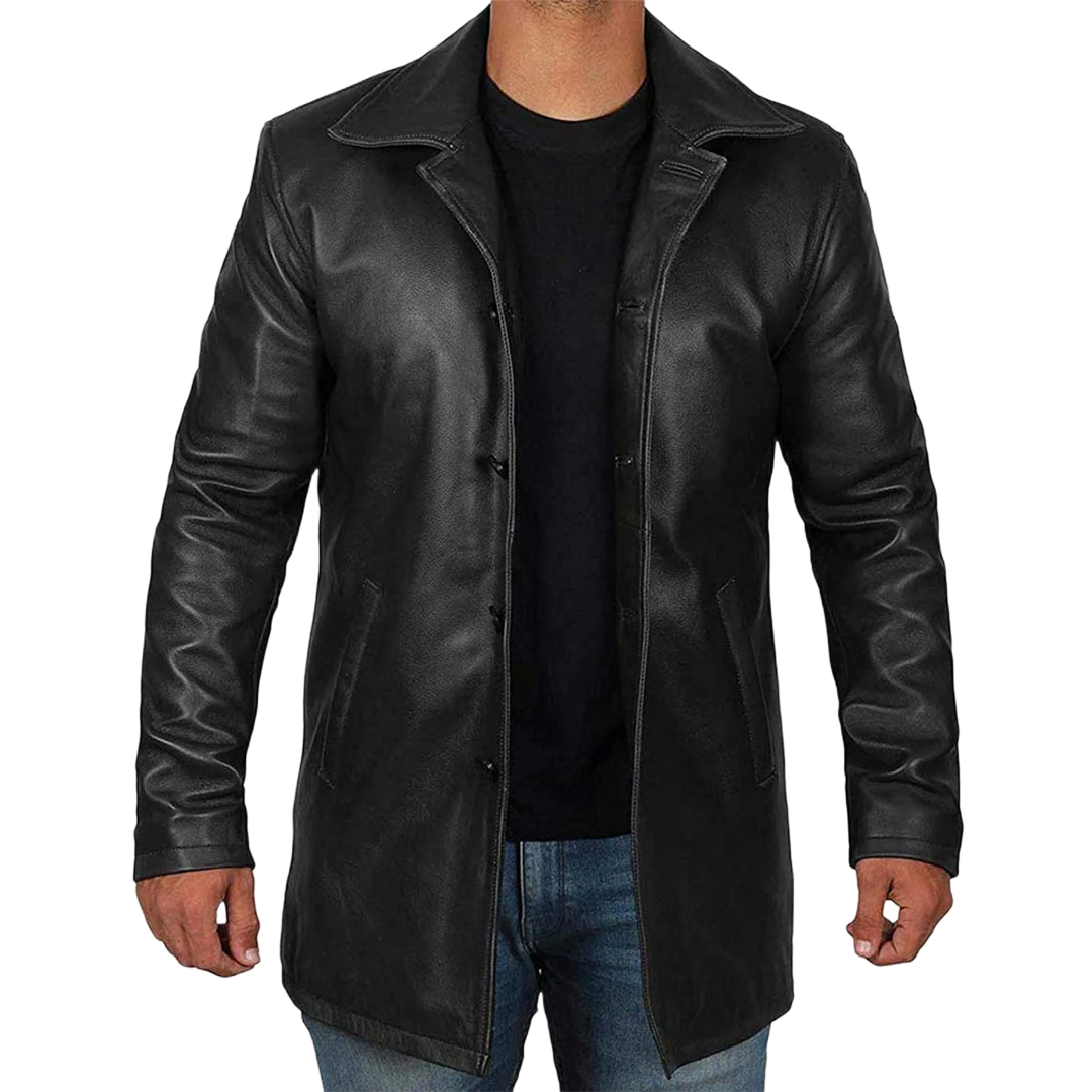 Black Tall Men's 3/4 Length Leather Car Coat