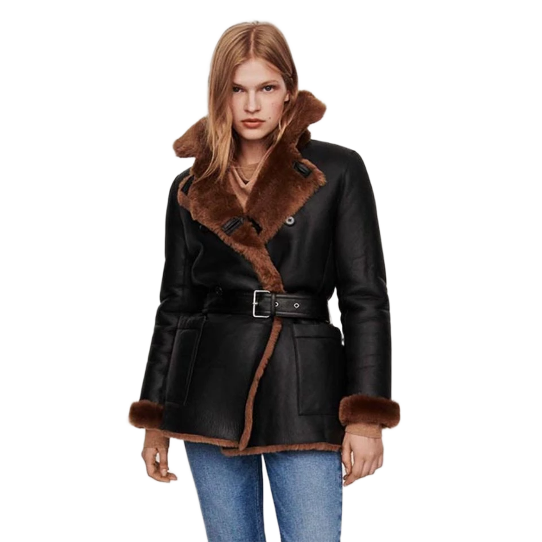 Black Women's Winter Leather Jacket with Shearling Lining